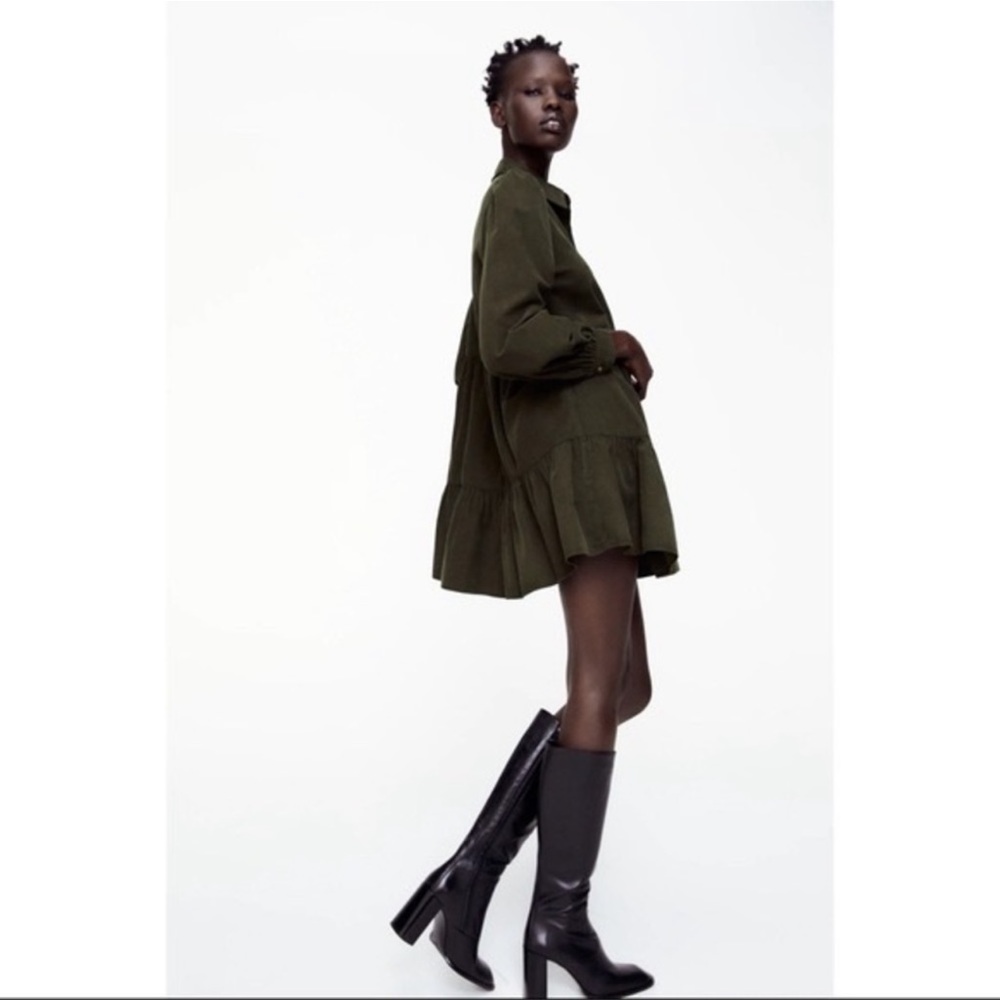 Zara Corduroy Tiered Short Mini Dress Olive Green Long Sleeve Size XS NWOT
